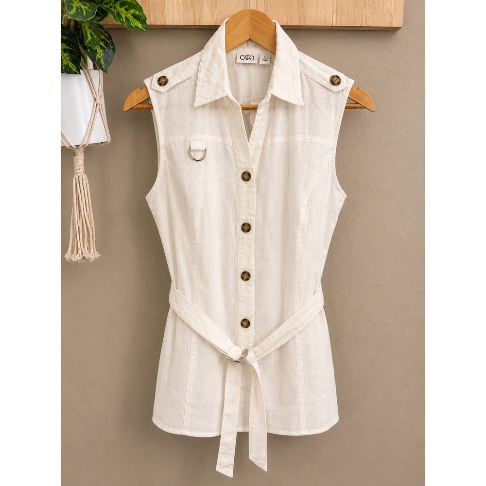 Cato Women Cream Linen Blend Safari Utility Vest Sleeveless Button Down Large